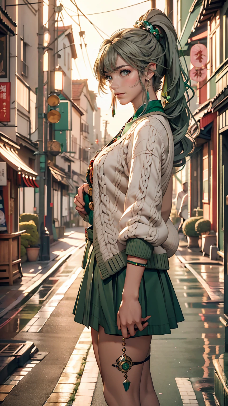 masterpiece , highest quality,Nahida(Genshin Impact) ,One girl , Small breasts,Long Hair ,Side Ponytail, hair ornaments , Gray Hair , Green Hair , Place your hands behind your head:1.5,Multicolored Hair, Fairy , Pointed Ears , , skirt ,cardigan,road , street,Looking at the audience