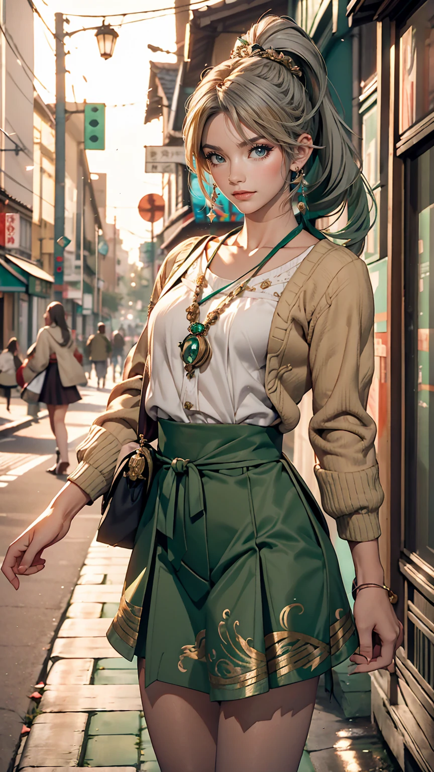 masterpiece , highest quality,Nahida(Genshin Impact) ,One girl , Small breasts,Long Hair ,Side Ponytail, hair ornaments , Gray Hair , Green Hair , Place your hands behind your head:1.5,Multicolored Hair, Fairy , Pointed Ears , , skirt ,cardigan,road , street,Looking at the audience