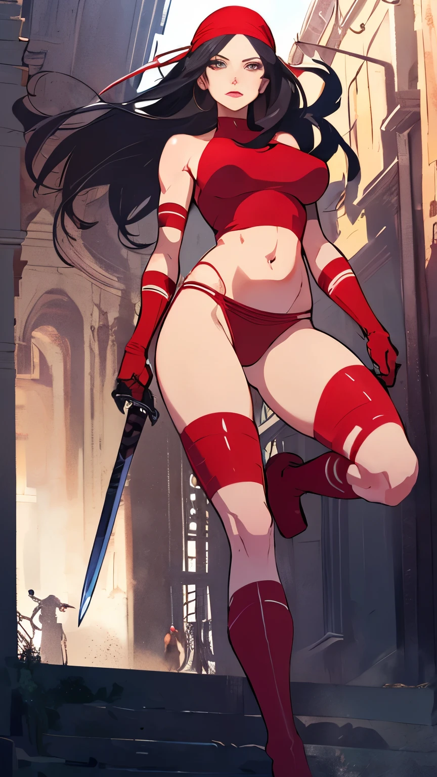 (high quality, masterpiece, detailed)shoot from below,detailed scenario,detailed background,Elektra open thighs, One girl, Black Hair, alone, arms, bandana, Holding, sword, compensate, Two-Way, gloves, boots, Ninja, Red crop top,white panties, belly button, Perfect Face, Beautiful Eyes,