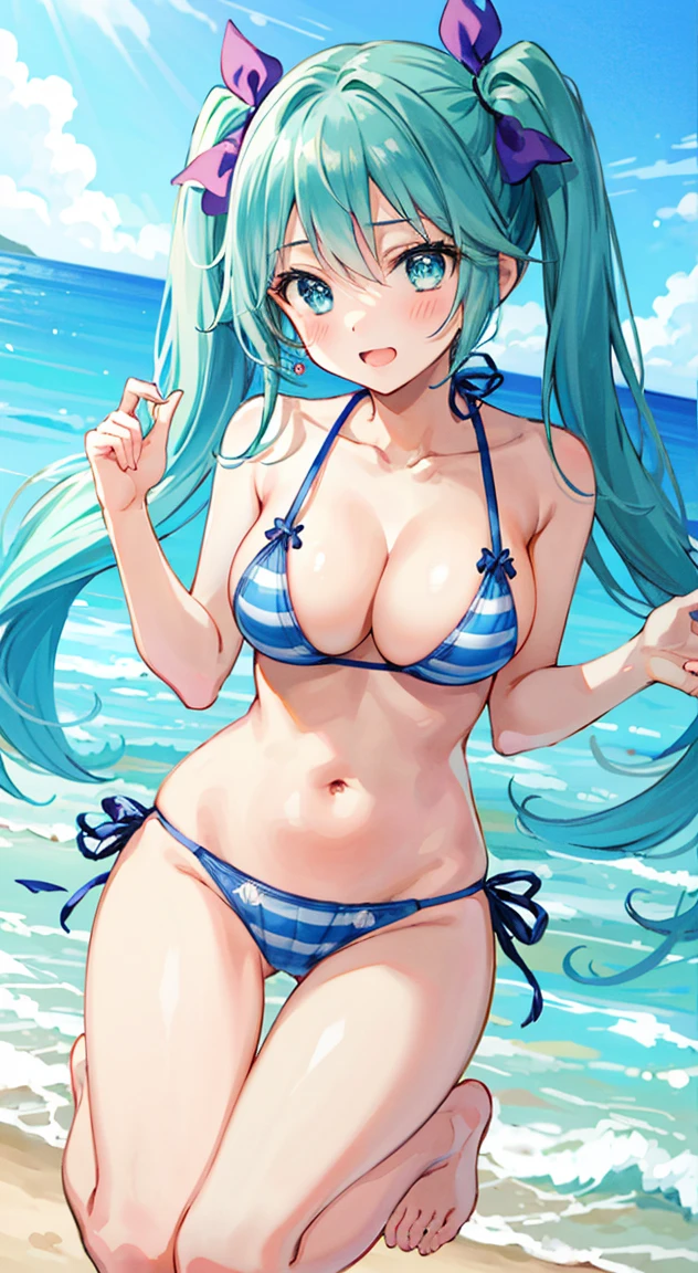 side tie panties, cheerful,full-face blush,masterpiece, highest quality, (anime screencap:1.3),(shape), cute,(simple:1), (anime:1.2),Solo Sharp Focus, 1 girl, cleavage,looking at the viewer, Ocean,Japan"Okinawa,Are jumping,,(NSFW:1.2),bikini,pastel colour,beautiful hair,Horizontal stripes,heart shaped pupils,plaid pattern bra, plaid pattern panties,Twintail hair,puffy eyes,aqua colors,
