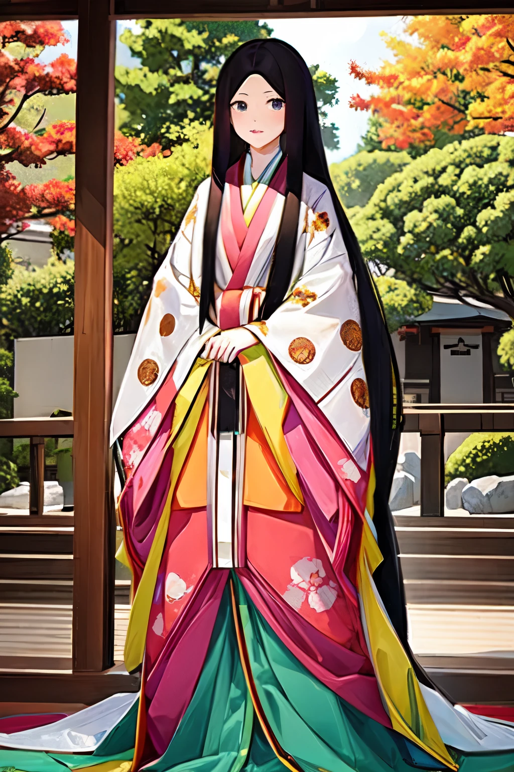 (masterpiece, highest quality:1.2), One girl, junihitoe, solo, Straight long black hair、Have hiohgi、Xifeng、kabeshiro, lattice、Dry、Corridor、Japanese garden、