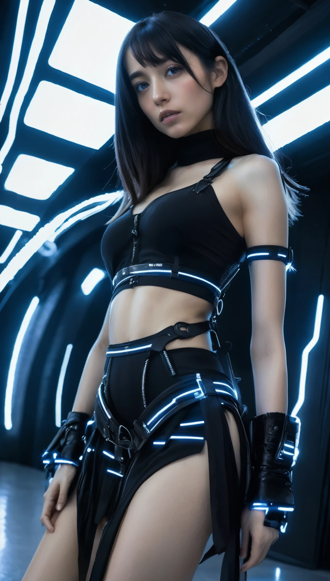 a girl standing , pink hair ,close up short girl, futuristic sexy transparent dress , detailed , realism, buildings , neon lights , cyberpunk style,
serene , futuristic, brutal architecture 
