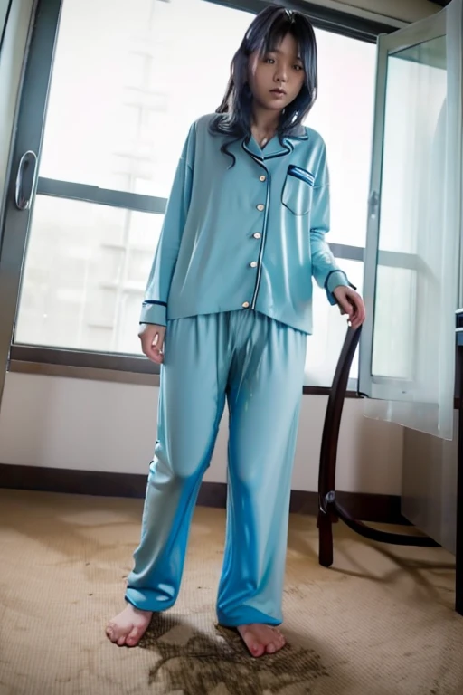 Japanese Girl thin body sees the ghost and pees her light blue lose pajama pants until his pants are wet pants in fright.