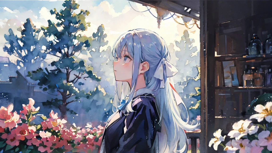 masterpiece, highest quality, Very detailed, watercolor, Focus on the face, moon, pretty girl, 1 girl, alone, one piece, beautiful light blue hair, Beautiful purple eyes, Beautiful Eyes, White skin, Long Hair, Transparent Hair, Translucent hair, ribbon, Flowers, Glitter effect, Glitter effect, Glowing effect, cloudy, cloud, Soap bubble effect, Heart effect, profile, watercolor