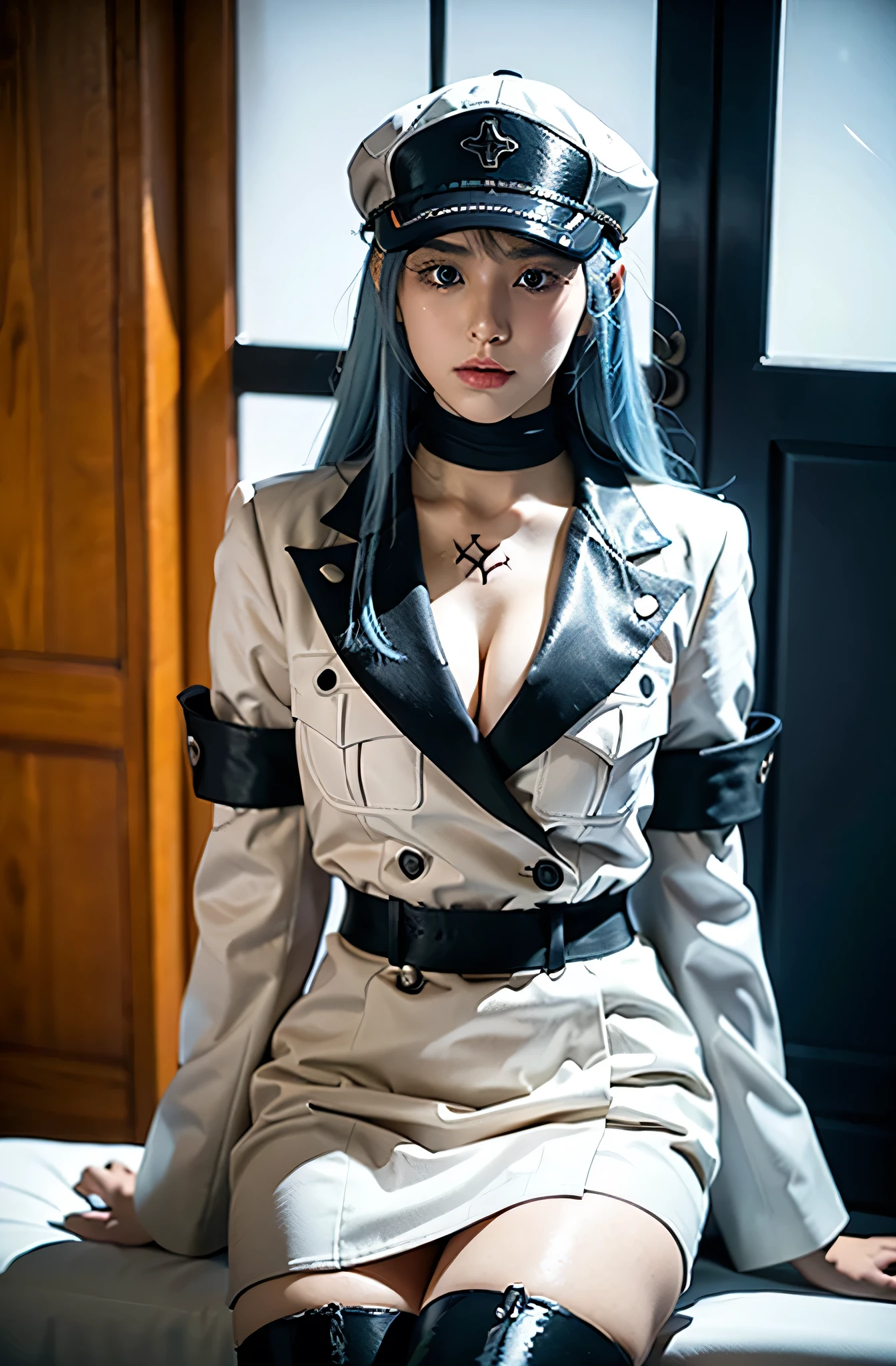 Japanese teenager girl. 19 yo. Blue hair color. Cosplaying as esdeath. Esdeath, 1girl, solo, breasts, thigh boots, long hair, blue hair, blue eyes, thighhighs, hat, solo, very long hair, cleavage, boots, white footwear, normal breasts, military uniform, military, uniform, choker, ice, peaked cap, sky, zettai ryouiki, cloud, white thighhighs, chest tattoo, absolute white backround, studio lighting, flat lighting