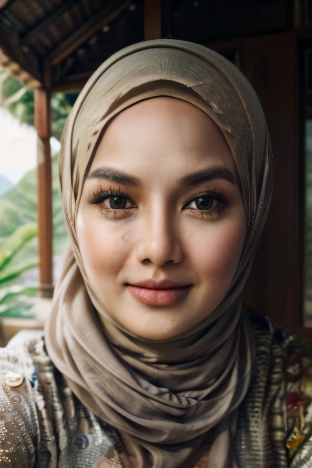 (Close Up),RAW, Best quality, high resolution, masterpiece: 1.3), beautiful Malay woman in hijab,Masterpiece, perfect fit body,big breast, big gorgeous eyes, Soft smile,beautiful face,thick thighs, woman in hijab sitting at a table with a cup of coffee, cute woman, portrait shot, hijab, mid shot portrait, 60mm portrait, high quality portrait, in mountains, traditional beauty, malaysian, 50mm portrait, realism art, 7 0 mm portrait, indonesia, gorgeous lady, attractive girl , located in flower garden, Excellent lighting, Bright colors, Clean lines