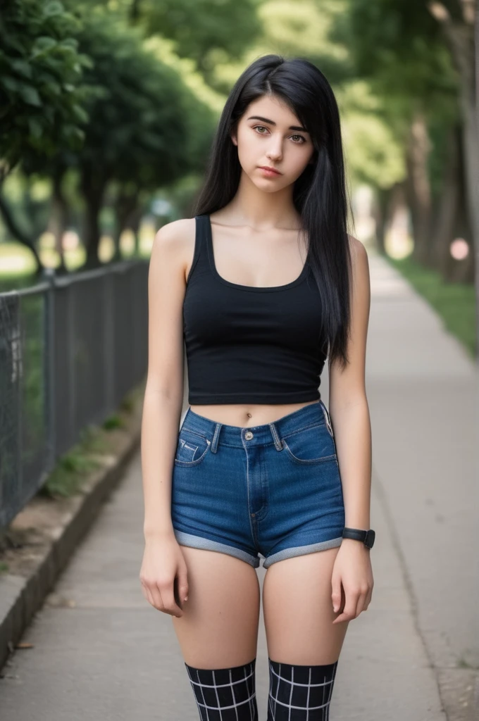 Yaakov Agam style, Beautiful 18-year-old girl, selfie, whole body, legs, outside, Detailed eyes, perfect anatomy, Black tank top, black denim shorts, black plaid stockings, sneakers, medium length black hair.