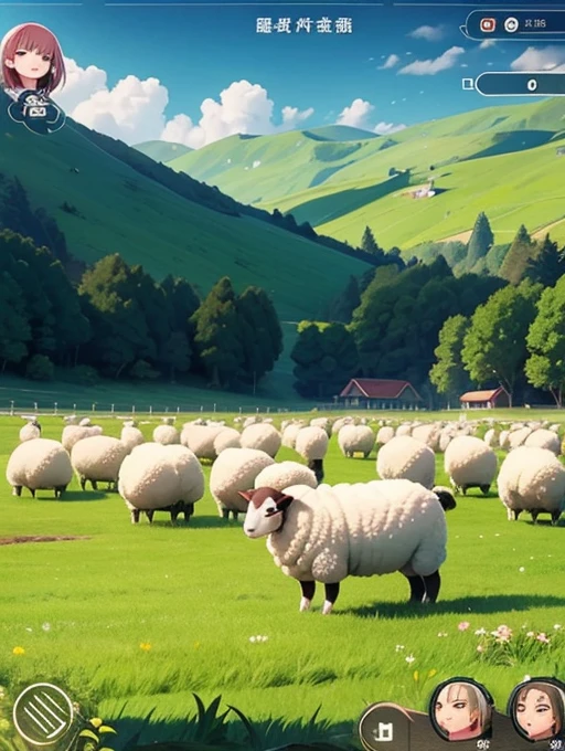 一群sheep在田野上的特寫,sheep,game screen,mobile game,電子sheep,strategy game,mobile game風格,Game UI,sheep放牧,Villagers are busy farming,Gameplay,game interface,夢見電子sheep,grassland,像棉花糖一樣的彩虹sheep,公sheep機器人,farmland,farmer,mobile game藝術,Ranch