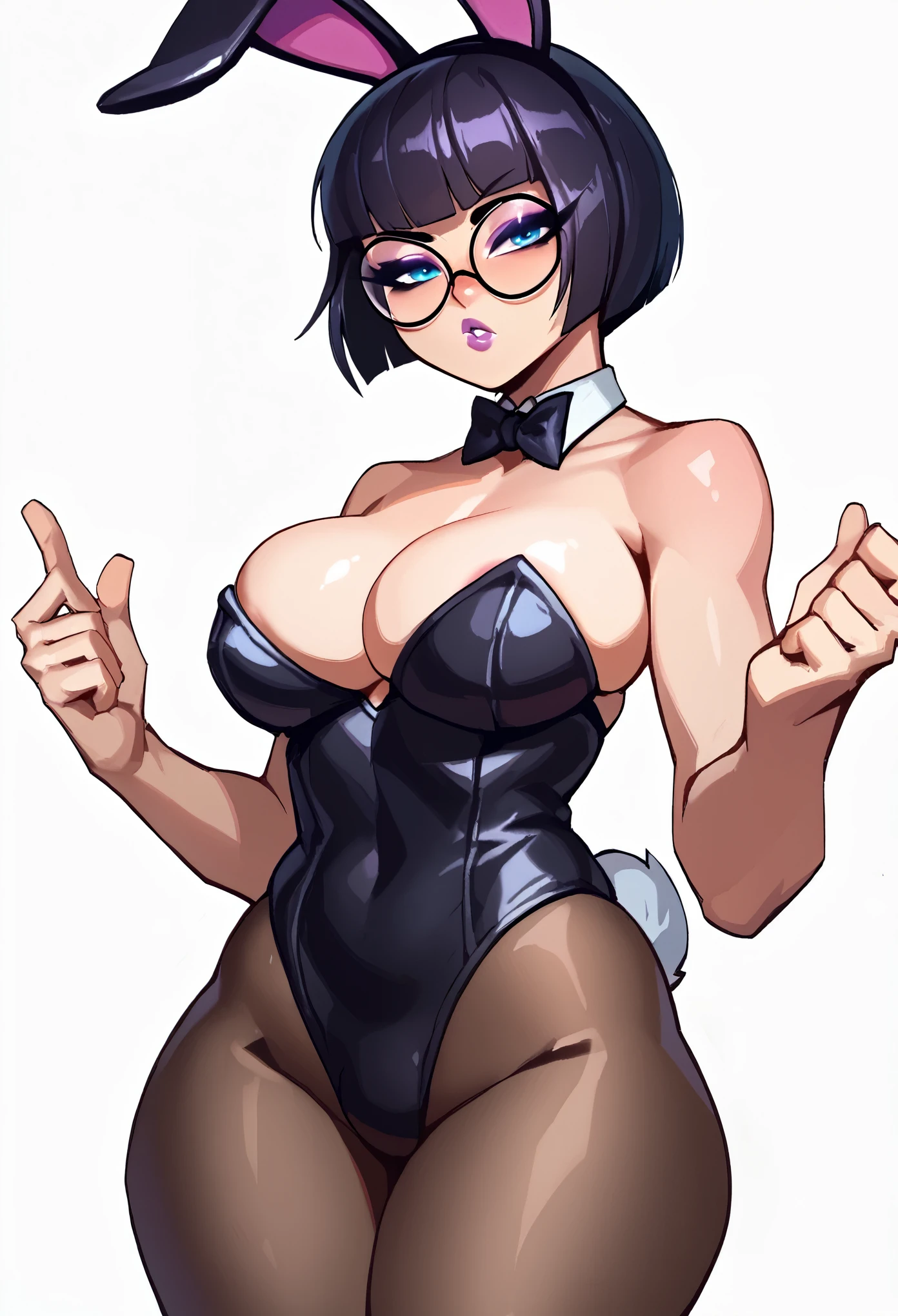 score_9, score_8_up, score_7_up, score_6_up, score_5_up, score_4_up, BREAK 1girl, black hair, bob cut hair, straight hair, short hair, blue eyes, thick lips, scowl, long eyelashes, half-closed eyes, black-framed eyewear, round eyewear, black bra, blunt bangs, adult, black eyeliner, purple lips, pink eyeshadow, looking at viewer, BREAK solo, standing, cleavage, large breast, adult, skinny, arched back, thigh gap, Bunny suit, BREAK (white background:1.2), simple background, dynamic pose, dynamic angle, angled shot,
