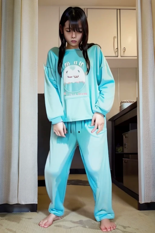 Japanese Girl thin body sees the ghost and pees her light blue lose pajama pants until his pants are wet pants in fright.