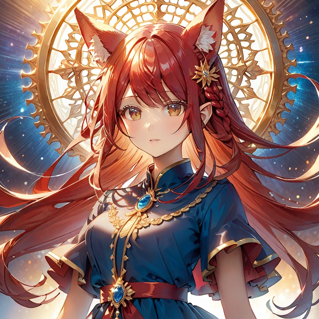1girl, solo, vermillion hair, dynamic pose, intricate details, feathers ears,