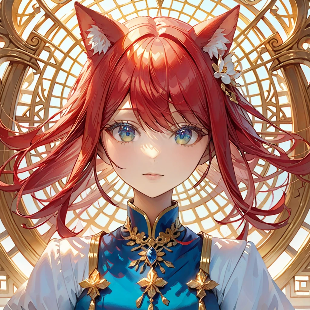 1girl, solo, vermillion hair, dynamic pose, intricate details, feathers ears,