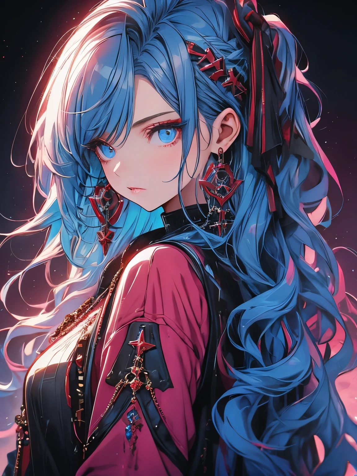 Red Flow, 1 girl, alone, Long Hair, Looking at the audience, Black background, White Background, jewelry, Mouth closed, Jacket, Upper Body, Blue Hair, Earrings, Blue eyes, necklace, From the side, sweater, lips, eyelash, Compensate, Wavy Hair, Earrings, cross, lipstick, ear Earrings, eye shadow, hoop Earrings, pink lips, Variegated eyes, Blue theme, , blue eye shadow, in focus with blurred background