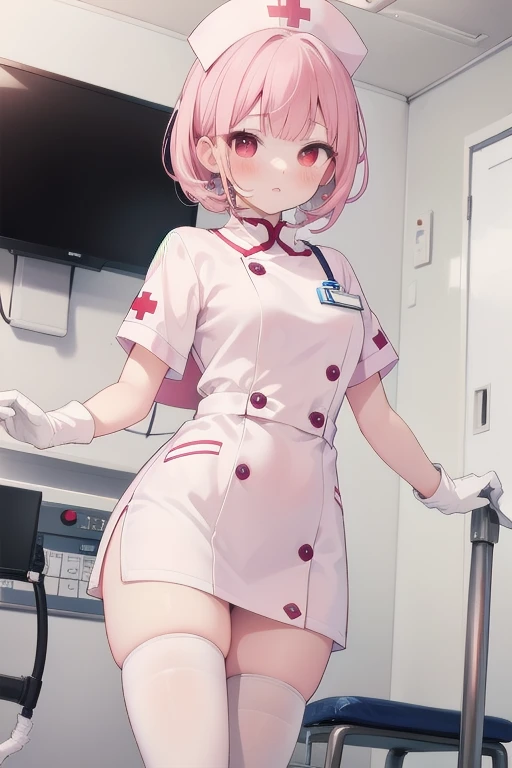 1girl, solo, nurse, nurse cap, white wear, ((white legwear, zettai ryouiki)), white gloves, pink hair,  drooping eyes, ((covered nose)), standing, ((hospital room)), sharp outline, short sleeves, best quality, masterpiece，Fleshy，Red eyes，Fleshy