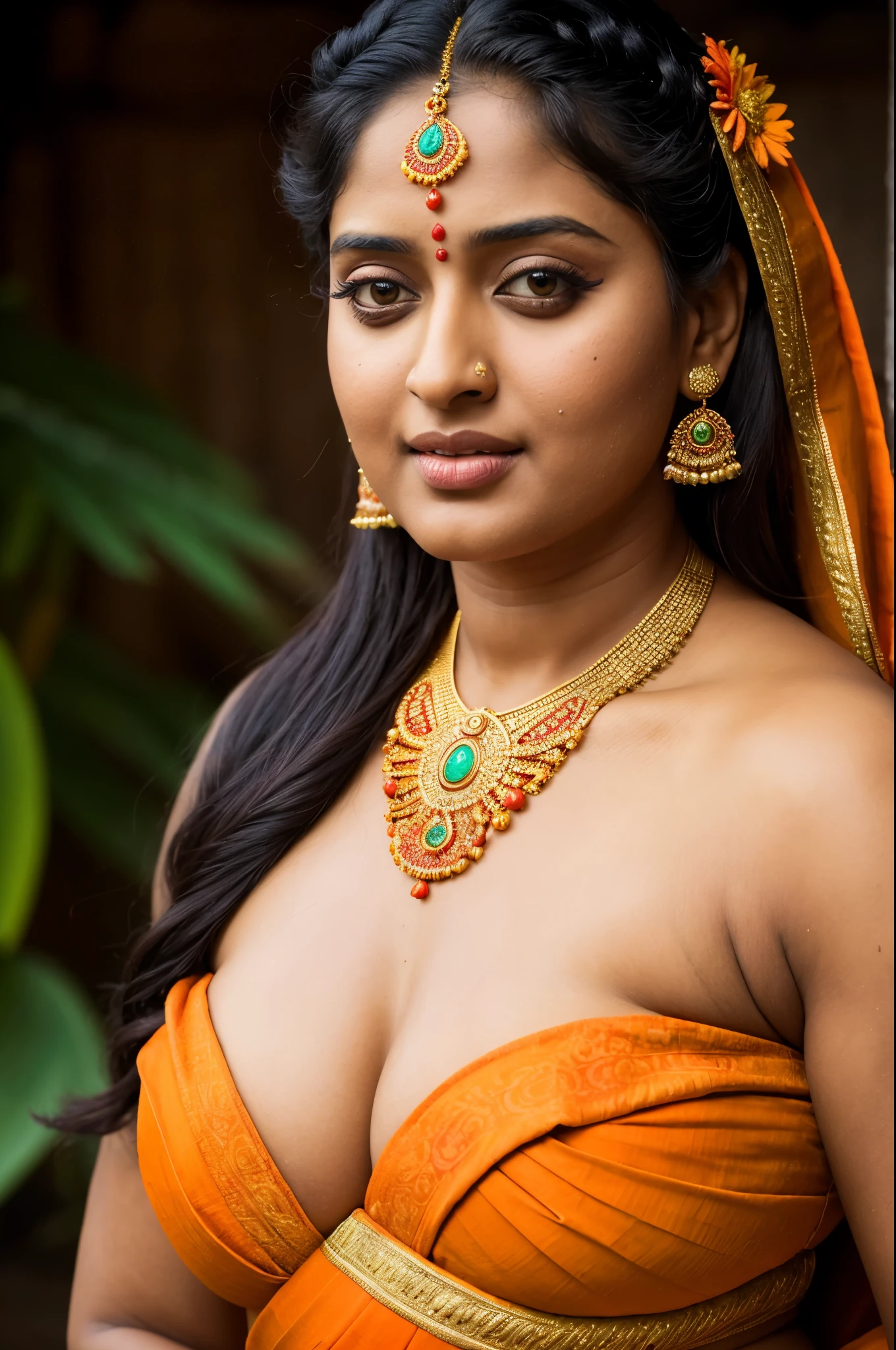 Looks like Anushka Shetty, stunning Beauty, wearing traditional stanapatta a strapless bra made of one piece of cotton cloth, thick figure, fleshy body, curvy, bulky figure, heavy physique, full figured woman, low waist saree, bold saree look, a close up of a woman in a colorful dress with a flower in her hair, extremely gorgeous woman, matchless beauty, queen, very beautiful enga style, with colourful intricate, candid shot, traditional beauty, candid picture, orange details, wearing intricate, candid portrait photo, with kerala motifs, wearing an elegant tribal outfit, orange and turquoise, orange and teal color, * colour splash *, traditional, stunning visual, highly detailed armpits, provocative beauty, attractive, captivating, goddess of lust and desire, sizzling, skin pores,