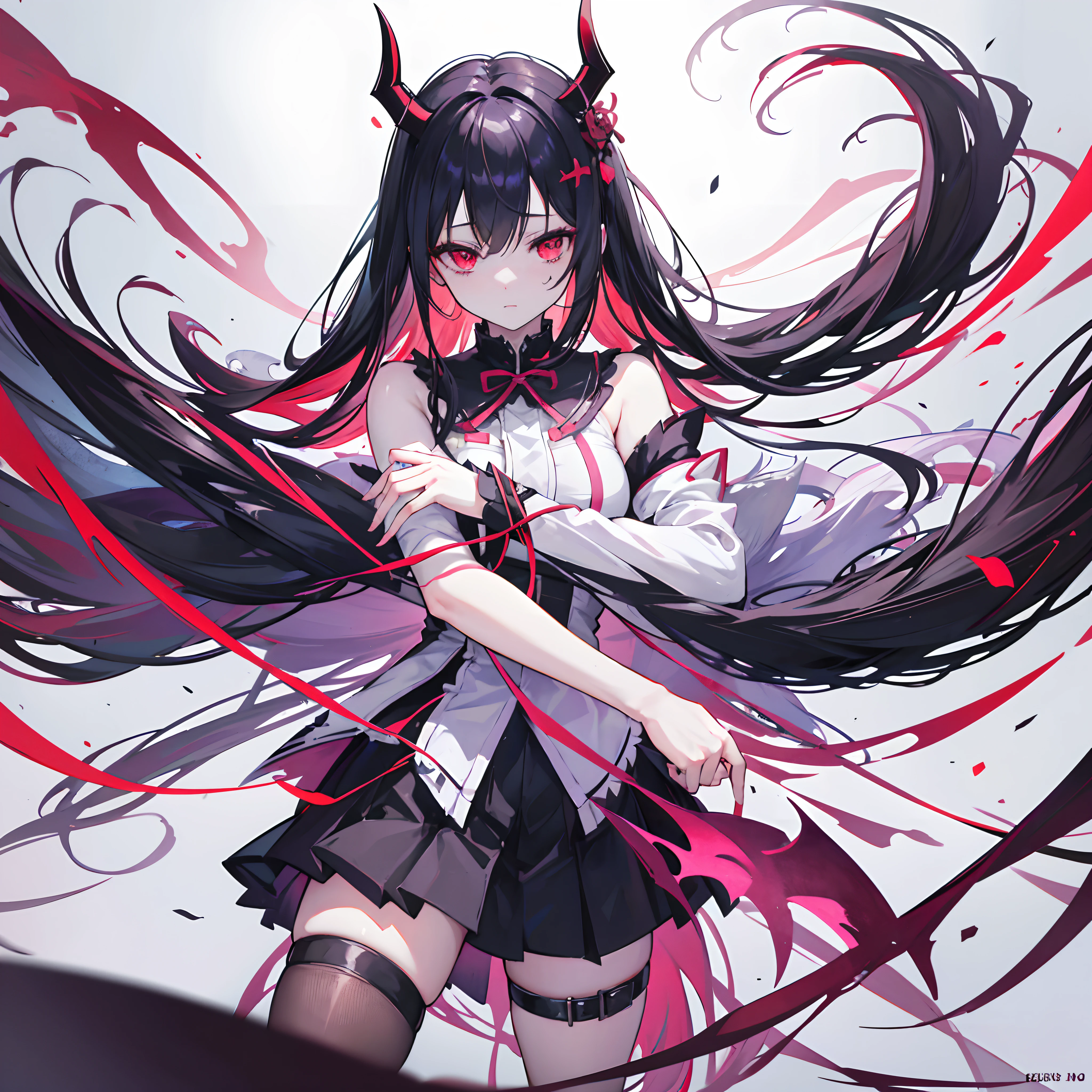 Devil Girl - 灵感来自仁焰的专辑封面, Popular on Pixiv, New line plus, Devil Girl, Devil anime girl, Gamoyedre grimdark, Crazy girl summons death, Jessa Devil, Gamoyedre, From Arknights, Devil Tail, Kurai Mika Devil, Ominous figures appear in the background, Black hair and red eyes
