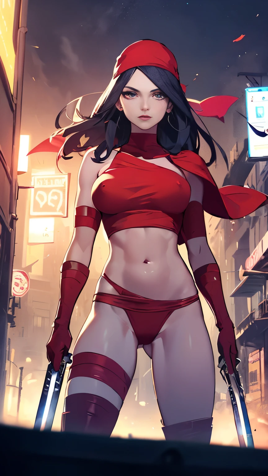 (high quality, masterpiece, detailed)shoot from below,detailed scenario,detailed background,Elektra open thighs, One girl, coverd nipples,camel_toue,Black Hair, alone, arms, bandana, Holding, sword, compensate, Two-Way, gloves, boots, Ninja, Red crop top,white panties, belly button, Perfect Face, Beautiful Eyes,City of night,