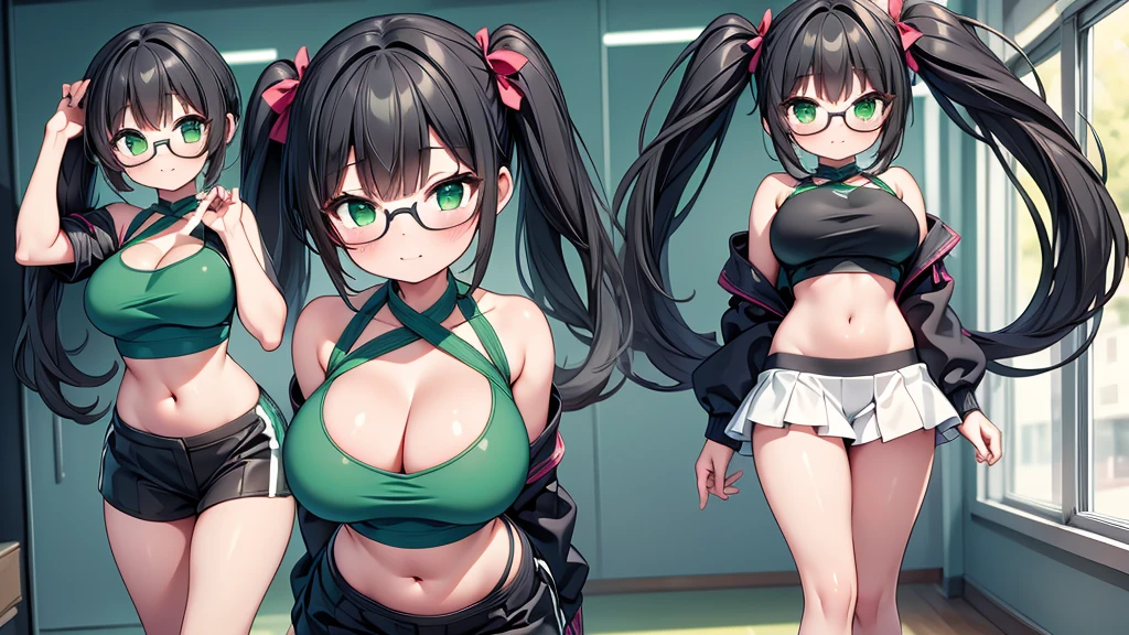 masterpiece,highest quality,wonderful,finely,High resolution,1 Girl, Large Breasts,(crop top:1.3), Black Hair, Glasses, Green Eyes,Twin tails,full body