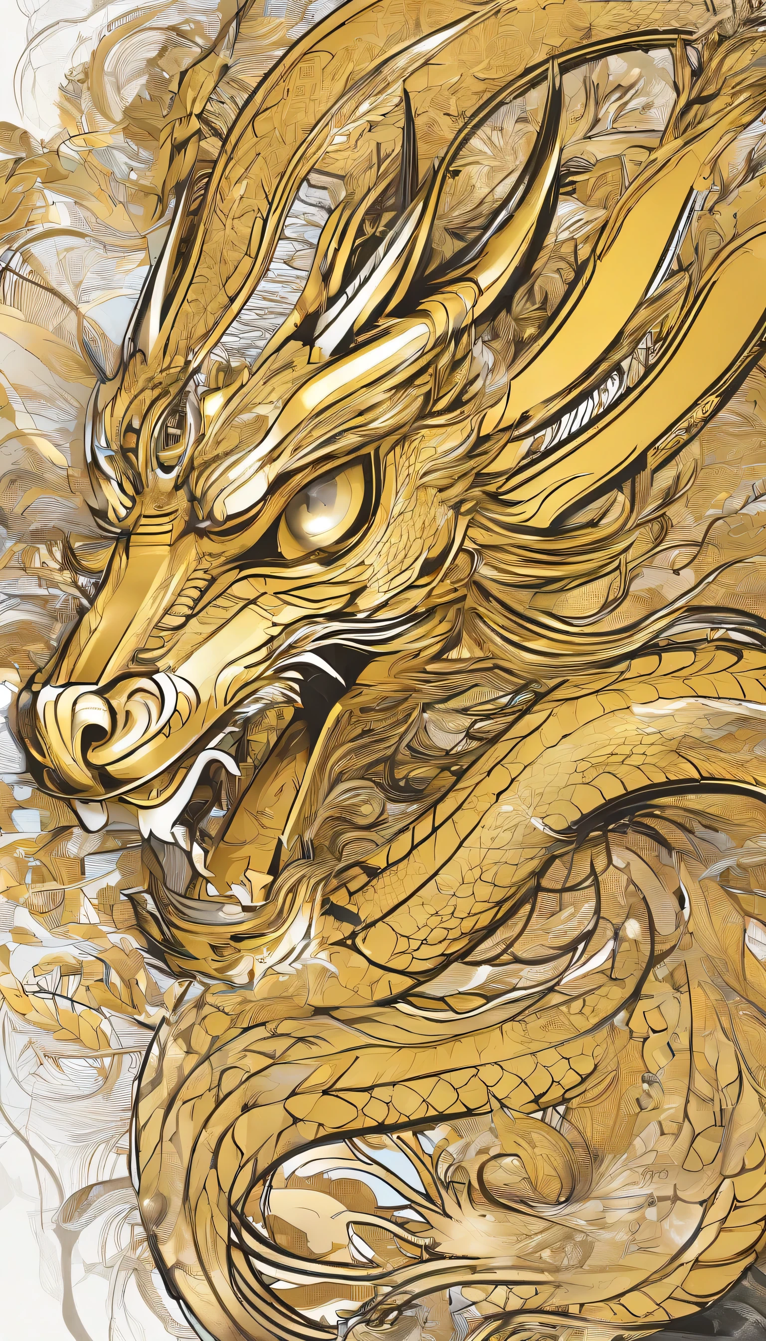 masterpiece、(Golden Background:1)、Golden Chinese Dragon、god々々Hello、Wind、god々、Long undulating body、tooth、Upper body、Fantasy、god story、high quality、Very detailed、masterpiece、narrative poem、Particle Effects、Dynamic Effects、His eyes are shining、The background is space