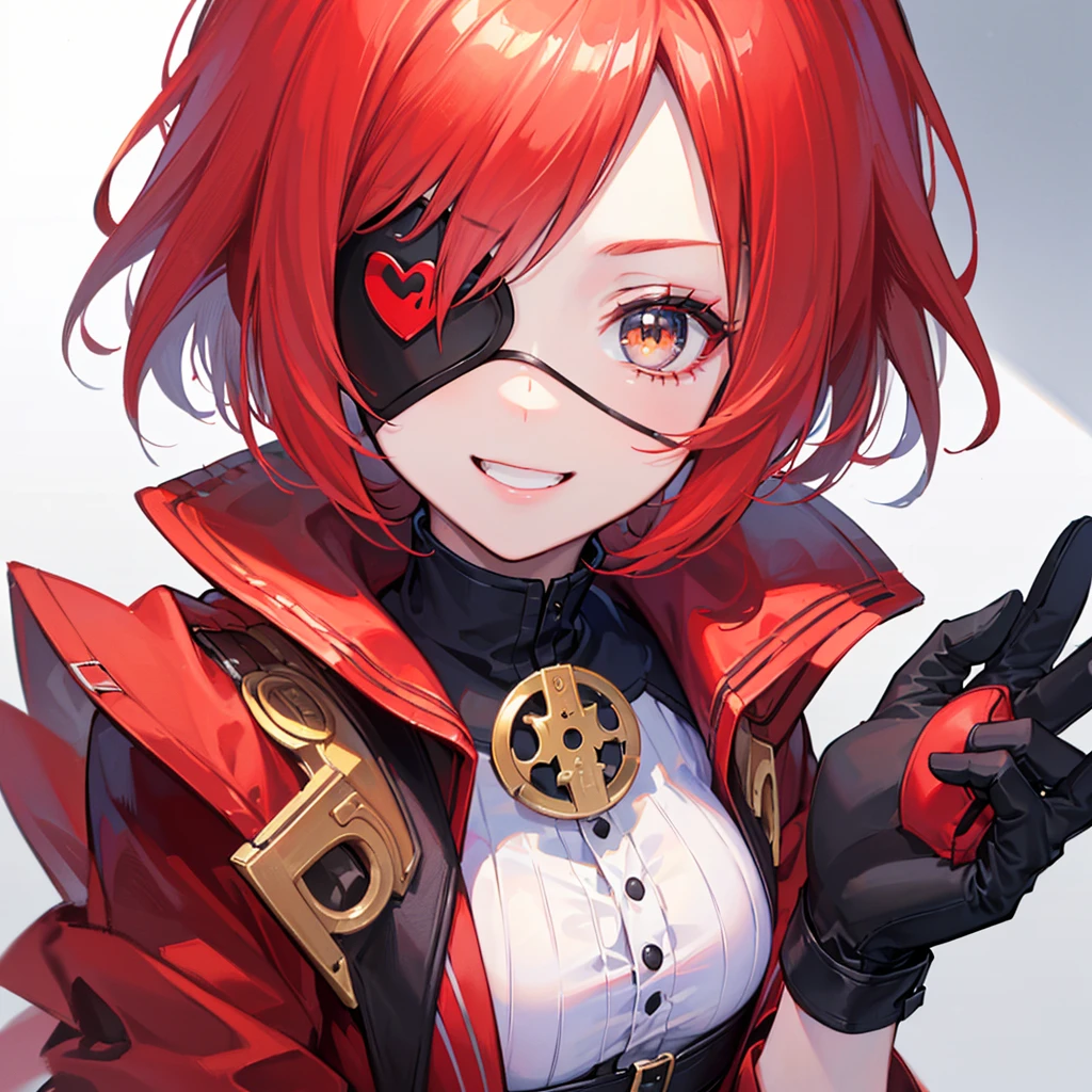 (((Best quality, 8k, Masterpiece: 1.3)), ((best quality)), ((masterpiece)), (detailed), Girl、Red hair、short hair、Golden Eyes、soldier、gloves、((Eye patch))、Crazy Smile、Hold your hands in front