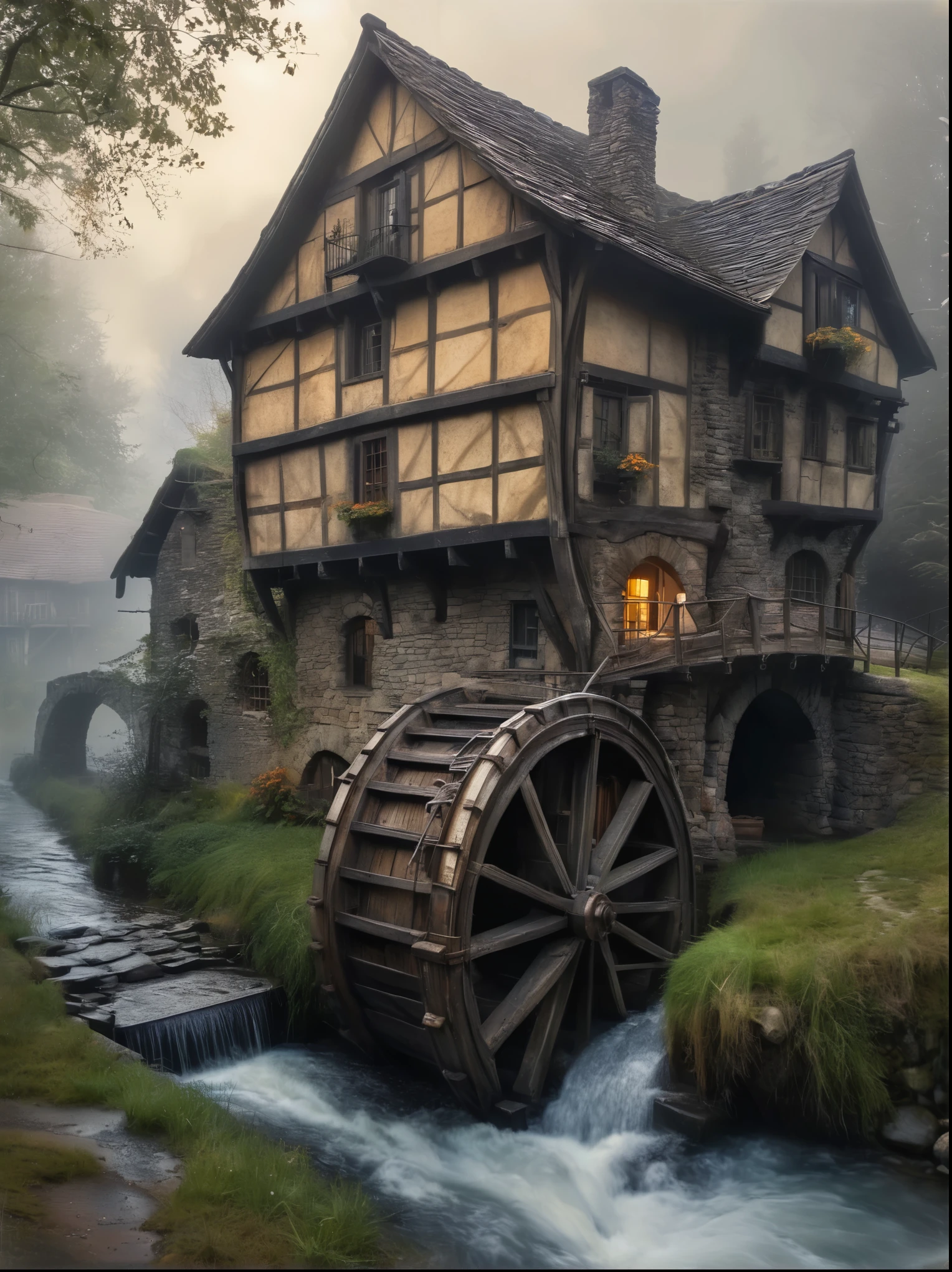 Waterwheel, The river bends slowly as it flows,
Fantasy Style, Fantasy dreamy art, Rustic, Cobblestone Street. Atmospheric, Sulky, Foggy, Archaic,