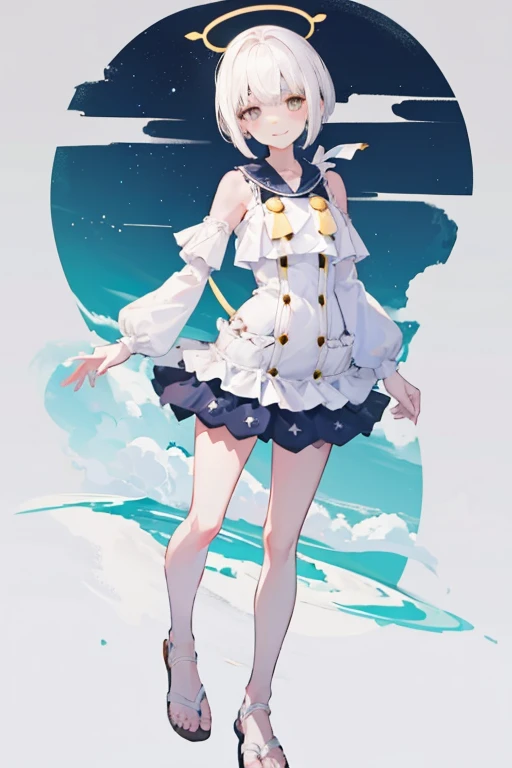 white hair, short hair, side ponytail, blunt bangs, smile, light smile, doyagao, high quality, best quality, fullbody