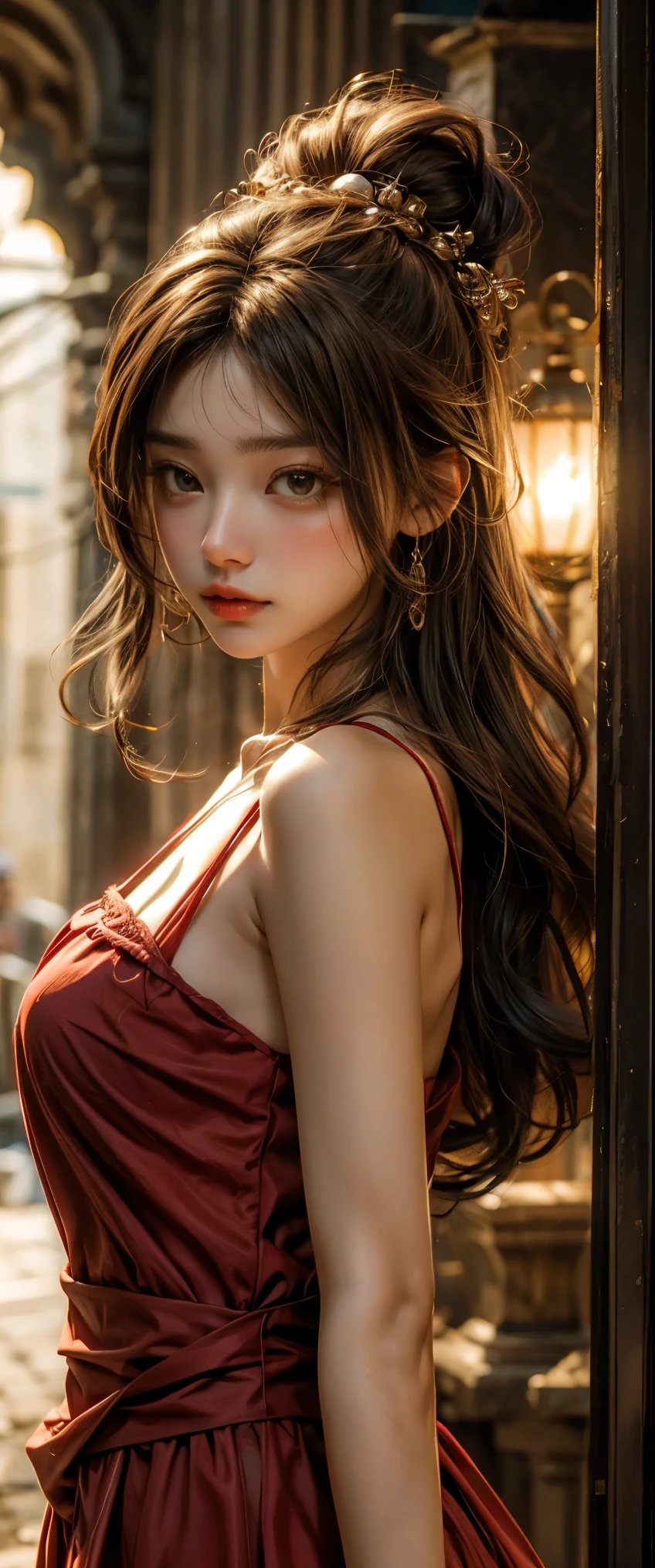 A close up of a woman in a red dress posing for a picture - SeaArt AI