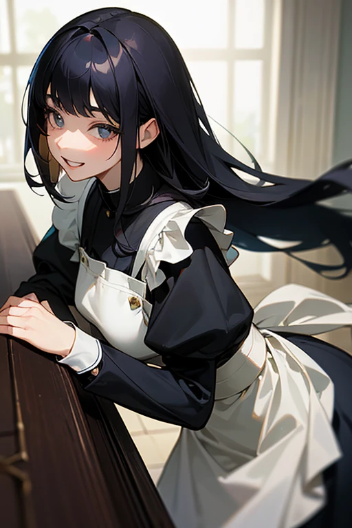 (Highest Resolution, clear_image) highest quality, Single person, One woman, alone, masterpiece, Very detailed, Semi-realistic, Black Hairのショートヘア, Black Hair, bangs, 18-year-old, mature, light blue uniform, uniform, Indoor Background, kind, Authoritative, Powerful, exquisite features, exquisite features、Eyelashes become longer、Showing teeth、smile😀、Maid clothes、woman&#39;Fingers in the、Sleeping on the sofa、Long Hair、Fluttering in the wind、cleaning、Navy blue clothes、Long hair、