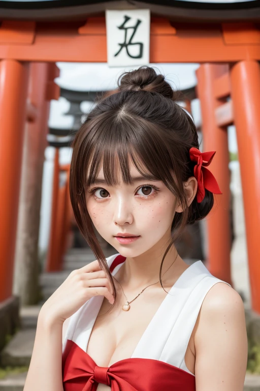 one girl, (a beauty girl, delicate girl:1.3), (24-years-old:1.3),
break, (Shrine maiden costume:1.3), Zoom in on face,
break, Very fine grain definition, (Symmetrical eyes:1.3),
break, (Inari Shrine:1.3), (torii:1.3),
break, Small breasts, Brown eyes, Parted bangs, Brown Hair, girl,
break, (Eye and facial details:1.0),
break, (masterpiece, highest quality, Super detailed, Detailed face, 8k)、embarrassed、blush、open clothes、cleavage、double bun、Place your hands behind your head.、freckles、Round Glasses