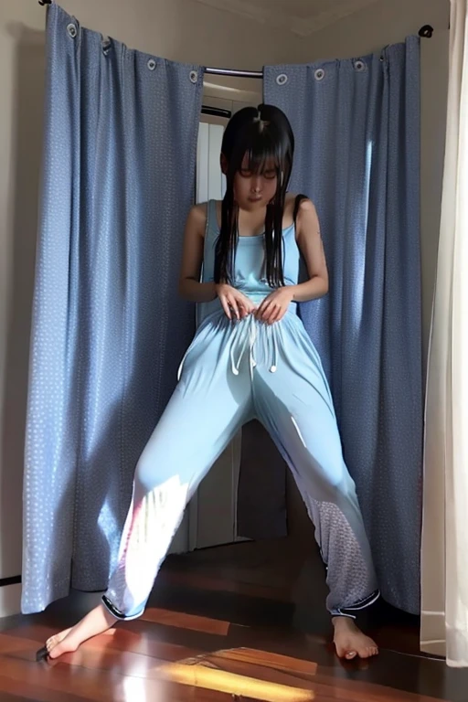 Japanese Girl thin body sees the ghost and pees her light blue lose pajama pants until his pants are wet pants in fright.