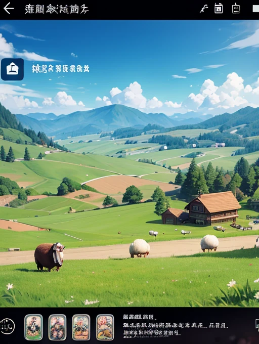 一群sheep在田野上的特寫，Screenshot inspired by Christoph Ludwig Agricola、pixiv、mingei、sheep、game screen、mobile game、電子sheep、strategy game、mobile game風格、Game UI、sheep放牧、Villagers busy farming、Gameplay、Game interface、夢見電子sheep、grassland、像棉花糖一樣的彩虹sheep 