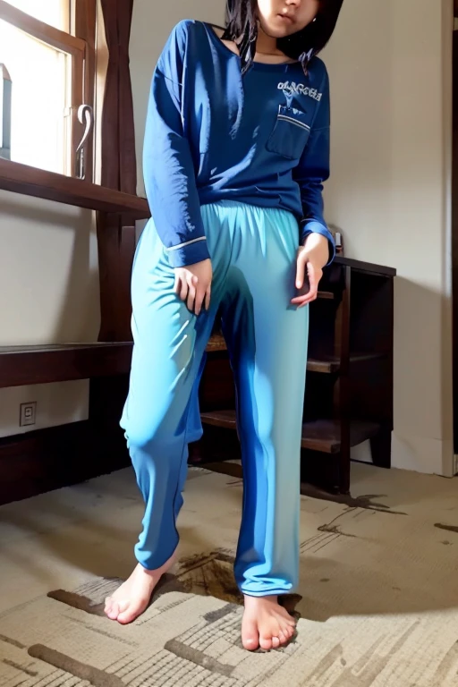 Japanese Girl thin body sees the ghost and pees her light blue lose pajama pants until his pants are wet pants in fright.