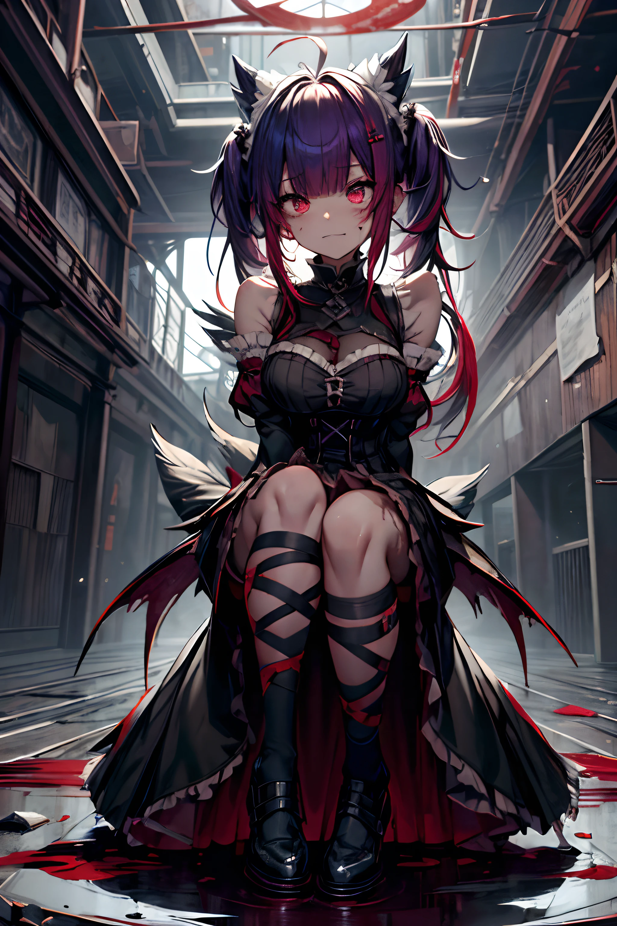 Very wide-angle lens、fear、in another world、Dynamic、acrobatics、whole body、cross、Goethepunk、Langheier、Double tail、Messy hair、long、Bangs、ahegao ( stupid / Orgasm)、corpse、There was blood everywhere、blood spatter、dark tones、Red tones、maid、Green Hair、