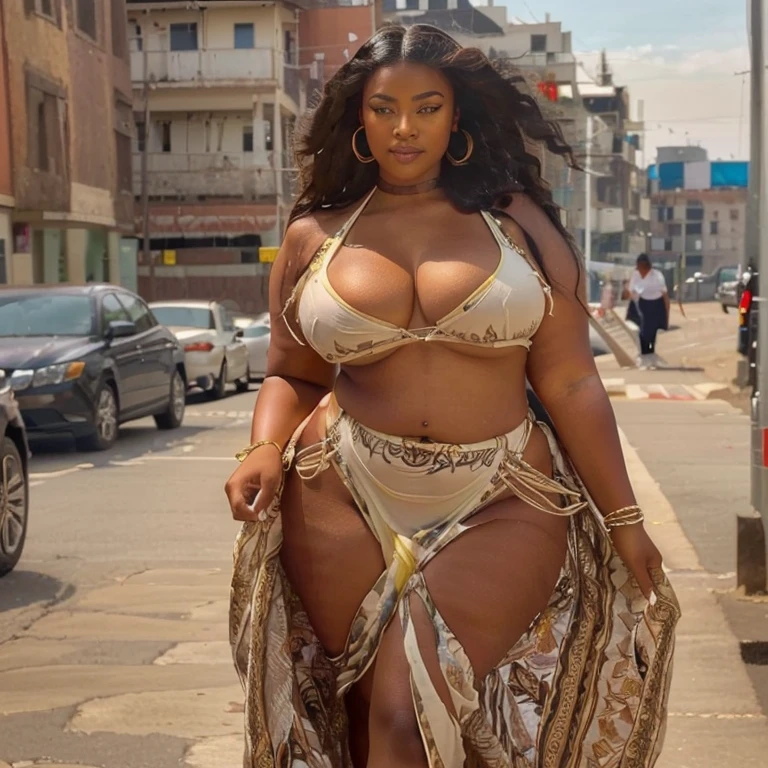 araffe woman in bikini and skirt walking down the street, deslumbrante princesa africana, beautiful city only black women, linda mulher, Deusa linda, curvy body, curvy model, corpo voluptuoso, belas curvas, linda linda mulher, sensual :8, curved, figura linda, foto gigante e impressionante da deusa, curvy hourglass figure, sensual girl