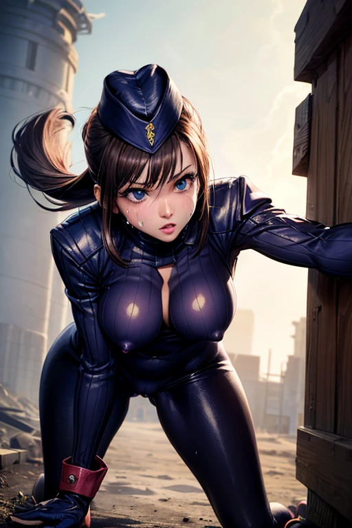 Browsing Caution,(Best image quality,highest quality,Highest Resolution, Ultra-Realistic Images,Very detailed,masterpiece,16k),(35mm lens focal length),(Actual Photos,Written boundary depth),(A lively female figure,SF Juri), blue eyes, Light brown hair, Shadaloo Hat,tie, gloves, Ribbed shiny bodysuit,(Big Breasts),(Erect nipples),(Camel Toe),((Sticky with sweat)),(足を広げてCamel Toeを見せつける),In a dynamic pose,At the Secret Base,Browsing Caution