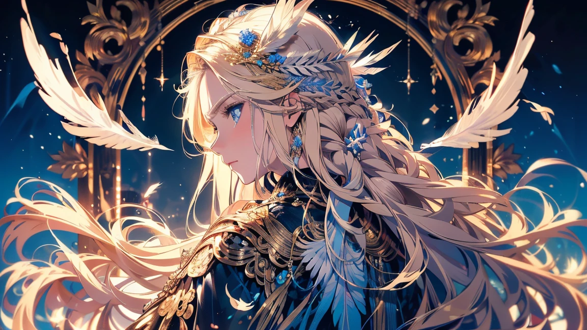 4K quality:1.2,Very beautiful illustration:1.2,Seraph,((Six white feathers on the back)),blonde,Long Hairstyles,((Beautiful cobalt blue eyes:1.2)),null