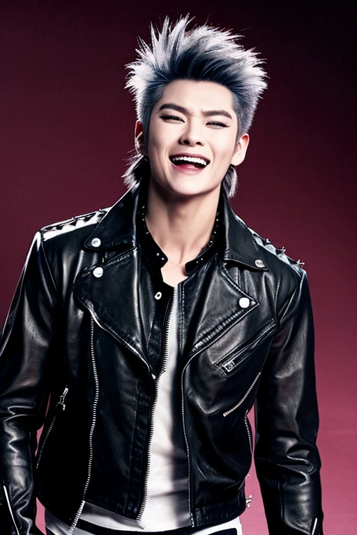 One boy, vampire, spiked hair long mullet in the back, showing fangs, wearing leather jacket, face forward, beard under cheekbones