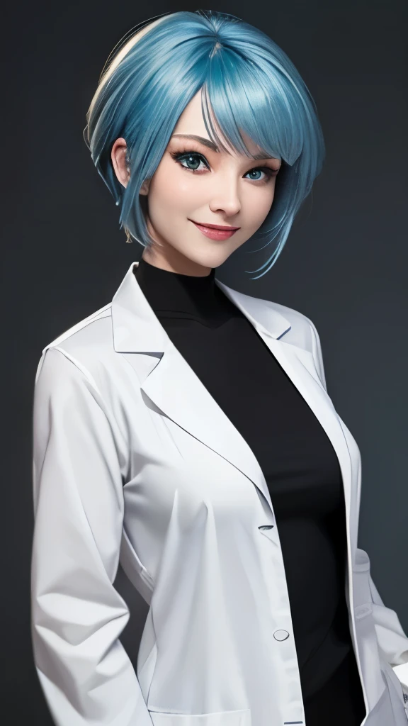 best quality,(1girl nudes , solo, adult female, mature female), blue hair, wedge cut haircut,
eldritchtech laboratory, eldritchtech lab coat, constrict pupils, crazy grin, dark energy,
