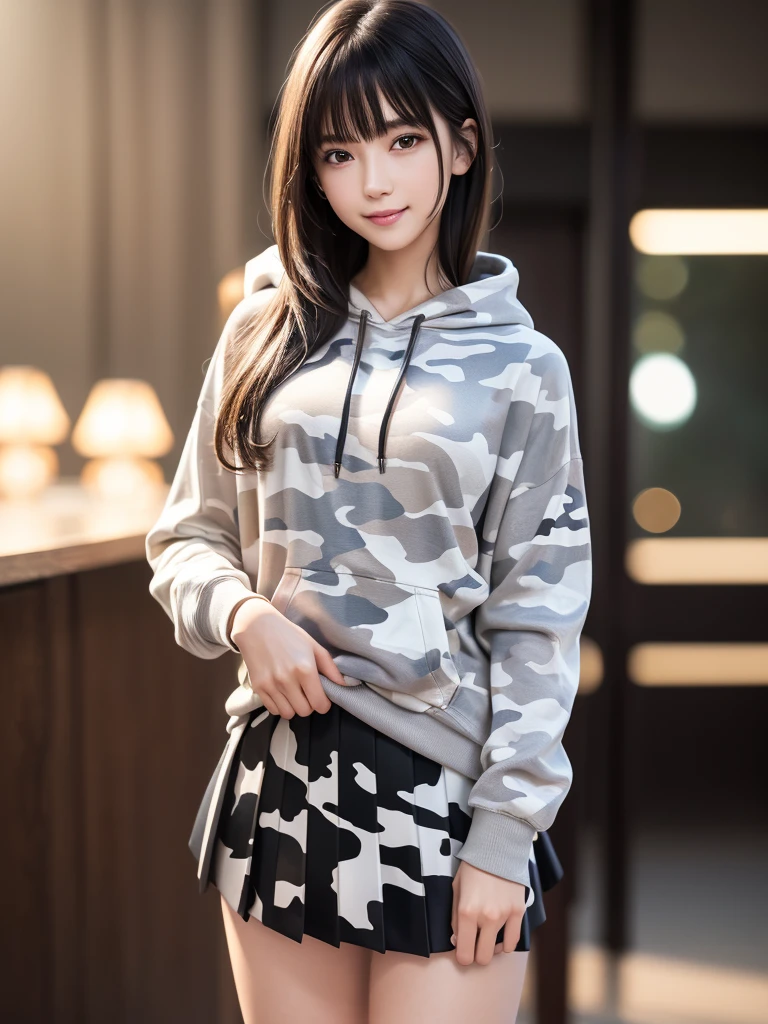 (8k, RAW Photos, highest quality, Tabletop:1.2), (Realistic, Photorealistic:1.4), (Highly detailed 8k wallpaper), Sharp focus, Depth of written boundary, Blur the background, Bokeh, Cinema Lighting, Soft Light, (whole body), 1 girl,18 years old famous Japanese idol, Perfect female body, indoor, (White and grey camouflage hoodie and black micro mini pleated skirt : 1.3), (Long, slender legs), (smile), Glossy lips, Beautiful fine details,Natural Makeup, Shiny and smooth light brown long bob hair, Asymmetrical bangs, Shiny skin, Center image, High resolution, Attention to detail, Detailed hairstyle, Detailed face, 素晴らしいCinema Lighting, Octane Rendering, Vibrant, Ultra-realistic, Perfect limbs, Perfect Anatomy