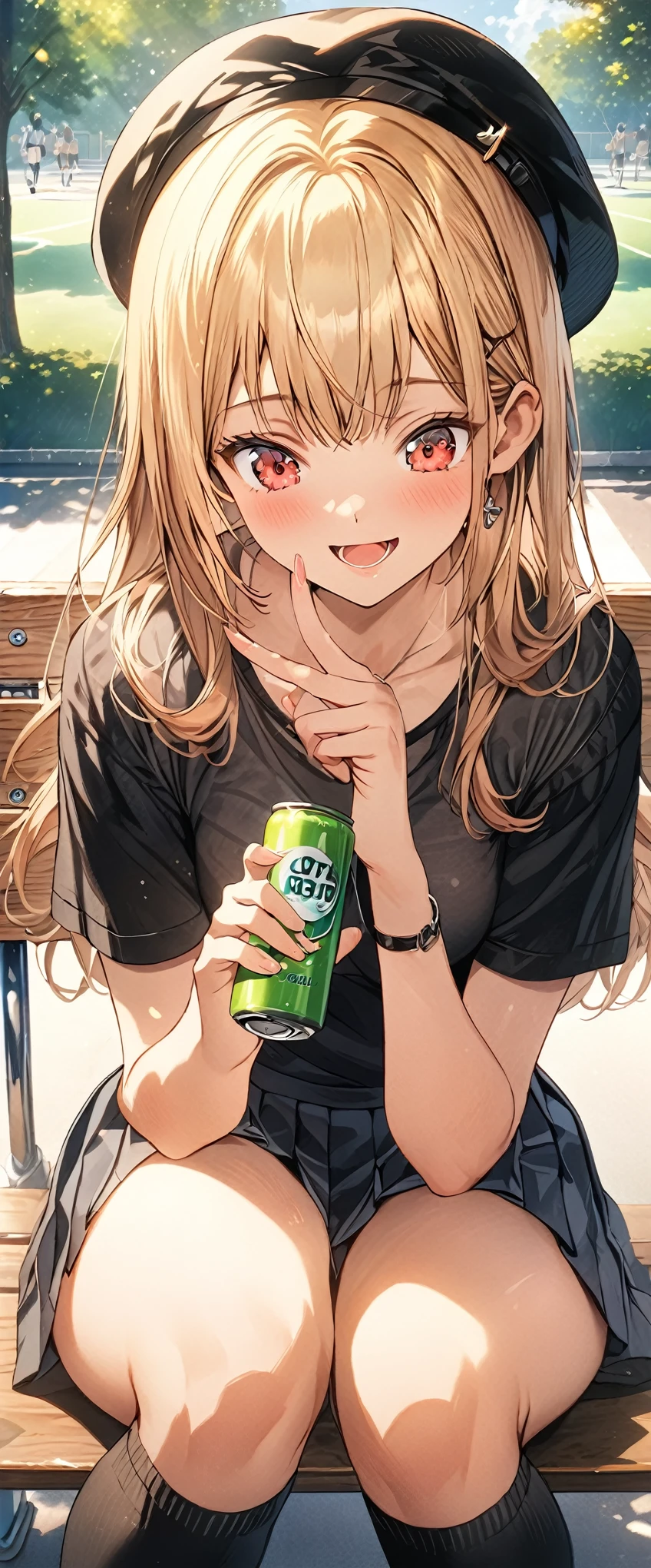 (masterpiece, best_quality), extremely detailed CG unity 8k wallpaper, super fine illustration, (anime_style), Woman posing for a photo, A shy smile, Small open mouth, Long Hair, Straight hair, Fine skin, Beautiful Hands, Beautiful fingers, Wearing a beret, tie, Small breasts, Short sleeve blouse, Pleated skirt, Thighs, Absolute area, Knee socks, loafers, Daytime, Hot summer day, School, Schoolyard, Sitting on a bench, holding Canned juice, Natural light, Detailed face:1.2, Sharp focus, Hasselblad Photos, masterpiece, light makeup, Cinematic lighting, 4k, sharpness, Anime Style, whole body, Canned juice, BREAK looking at another, perfect anatomy, perfect body, (perfect arms), (perfect hands, perfect fingers), perfect legs, perfect feet, perfect toes, 5_fingers, (4_fingers,1_thumbs),