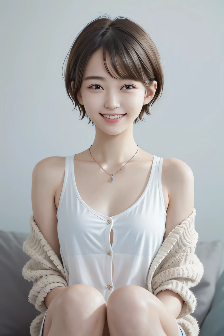 05 ((short hair)), 20-year-old female, In underwear、cardigan、Shoulder Fashion、smile、Beautiful teeth alignment、Black Hair、ear piercing、Necklace around the neck、Looking into the camera, Waiting for the start