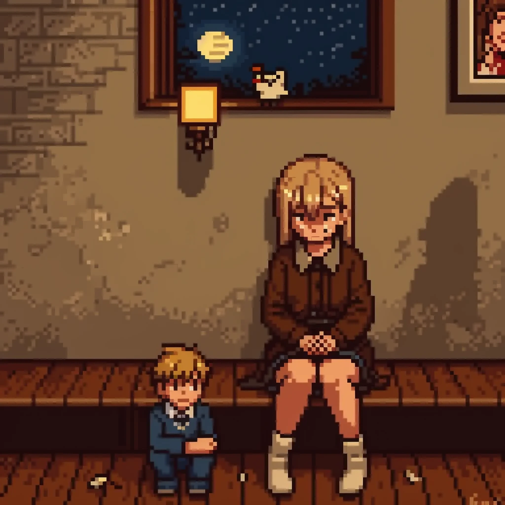 {mood:emotional_and_nostalgic_pixel_art}
{light_source:soft_and_warm_lighting_with_pixel_shadows_and_highlights}
{setting:pixel_detailed_family_home_with_memories_of_past_and_present}
{character_expression:pixel_art_earnest_and_caring_facial_expressions_with_tearful_eyes}
{atmosphere:intimate_and_heartfelt_depiction_of_parental_love_and_struggle}
{weather:calm_and_peaceful_night_with_moonlight_shining_through_the_window}
{color_palette:warm_and_muted_pixel_tones_with_high_contrast_for_an_emotional_feel}
{texture:pixel_art_textured_surfaces_with_wear_and_tear_details_reflecting_life's_hardships}
{symbolism:mockingbird_as_a_symbol_of_hope_and_promise_with_visible_feathers_and_song}
{character_pose:pixel_art_father_figure_sitting_with_children_or_looking_at_photos}
{accessory:pixel_art_worn_clothing_and_family_photos_with_textured_details}
{background_detail:pixel_art_graffiti_on_walls_with_family_moments_and_inspirational_quotes}
{time_of_day:night_time_with_accurate_shadows_and_light_sources_from_lamps_and_moon}
{sound_effects:pixel_art_ambient_home_noises_with_soft_melodies_and_whispered_words}
{emotion_highlight:deep_sense_of_love_and_protection_depicted_through_facial_expressions_and_body_language}
{art_style_emphasis:pixel_art_emotional_and_detailed_with_sharp_edges_and_textured_surfaces}