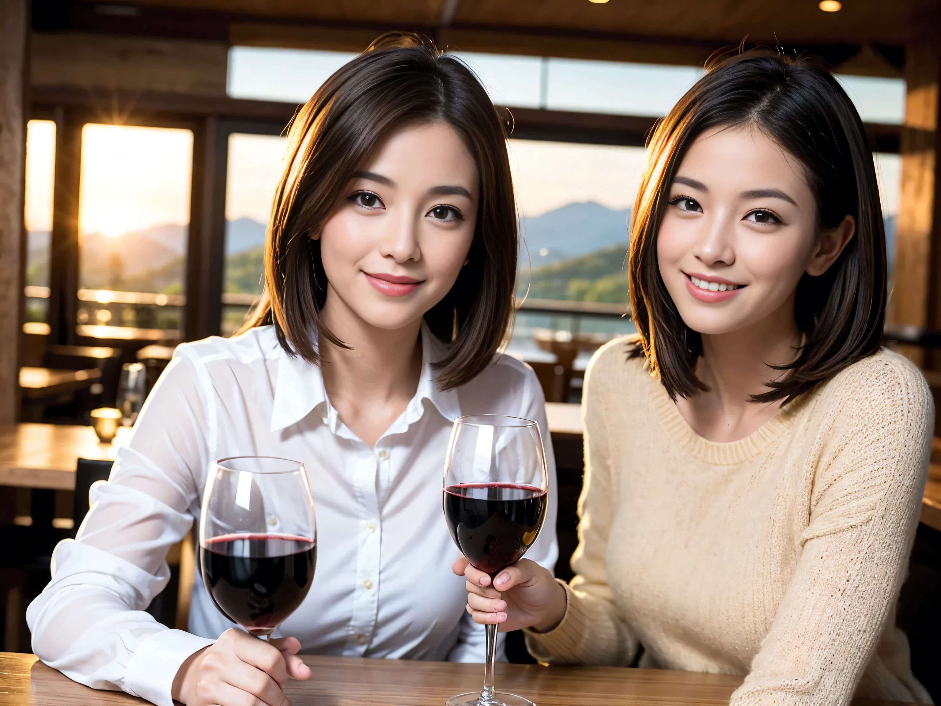 ((highest quality、8k、masterpiece:1.3))、1 male、1 female、Satomi Ishihara lookalike couple、Spouse、Brown Hair Couple、The body is slim、((Bob Hale、Straight hair:1.2)), (Realistic, Intricate details:1.2), Wine glass on the table、Shine light on your face、 Amazing view of the sunset sky and clouds、Amazing mountain views、A bright smile、The wonderfulness of smile、Bright image、The beauty of wine, Beautiful Face, blue eyes, The light shines on your face, Blushing, short hair,Bright Face、 (Age 42), 39 years old, red wine 、Appetizers、Italian food、Wine bottle、Champagne、sparkling wine、Two beauties、Brown Hair、Shortcuts、Long sleeve shirt、dress、Pretty Woman 1, (Slim face), (The body is slim), (Brown Hair), (Shortcuts), cheeks turn a little red,Attractive beauty、restaurant, In a prominent place (From the waist up) Nova Frog Style, actress, model, Upper Body, White wine, slim, wine glass, A wine glass placed in the center, smile, (smile: 1.15), Beautiful fine grain, Depth f/2,saturation, High Contrast, Strong light and shadow,Moist Body:1.5、3D texture、Delicate eyes、Brown Hair、The hair is very shiny、