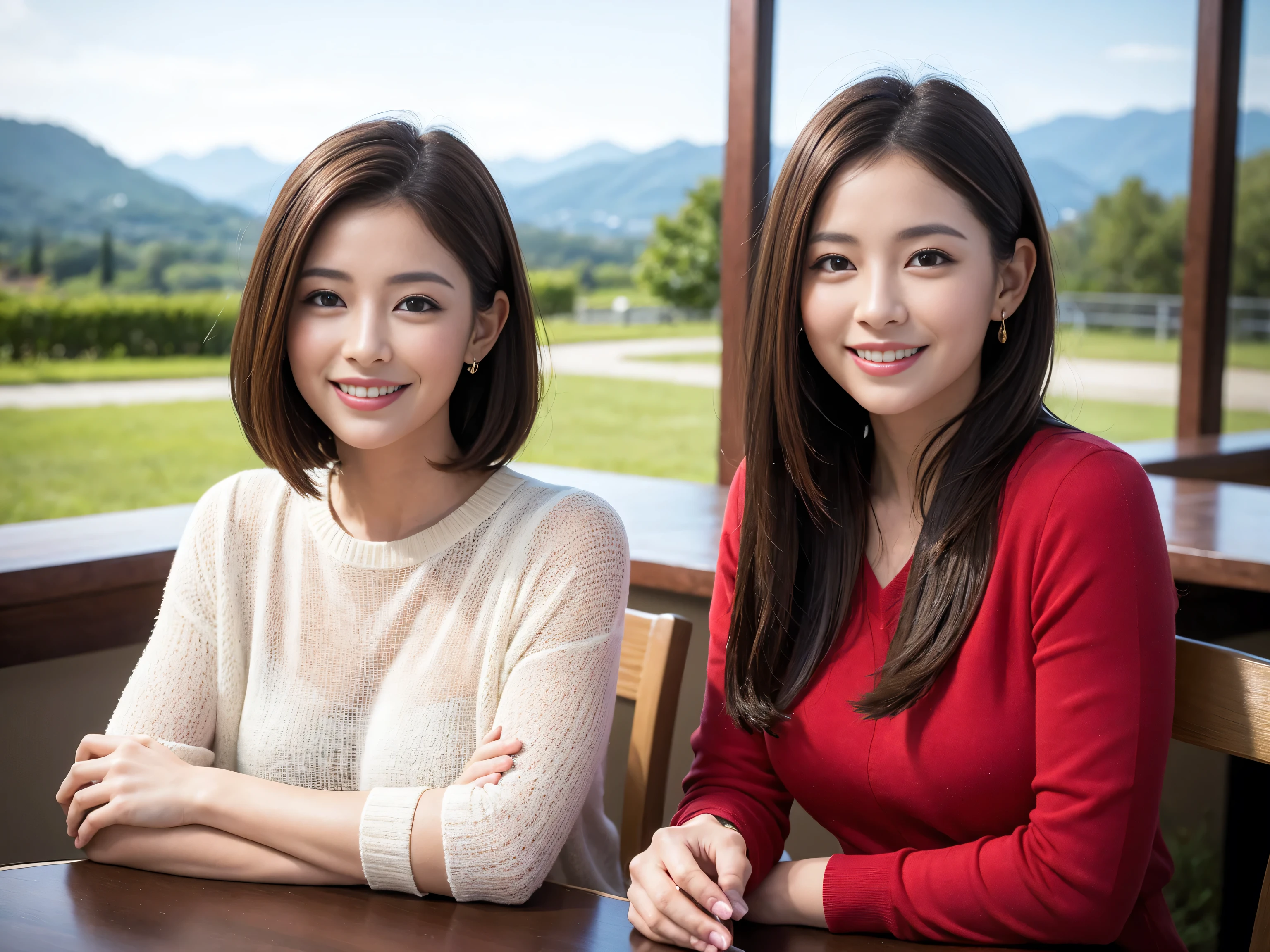 ((highest quality、8k、masterpiece:1.3))、1 male、1 female、Satomi Ishihara lookalike couple、Spouse、Brown Hair Couple、The body is slim、((Bob Hale、Straight hair:1.2)), (Realistic, Intricate details:1.2), Wine glass on the table、Shine light on your face、 Amazing view of the sunset sky and clouds、Amazing mountain views、A bright smile、The wonderfulness of smile、Bright image、The beauty of wine, Beautiful Face, blue eyes, The light shines on your face, Blushing, short hair,Bright Face、 (Age 42), 39 years old, red wine 、Appetizers、Italian food、Wine bottle、Champagne、sparkling wine、Two beauties、Brown Hair、Shortcuts、Long sleeve shirt、dress、Pretty Woman 1, (Slim face), (The body is slim), (Brown Hair), (Shortcuts), cheeks turn a little red,Attractive beauty、restaurant, In a prominent place (From the waist up) Nova Frog Style, actress, model, Upper Body, White wine, slim, wine glass, A wine glass placed in the center, smile, (smile: 1.15), Beautiful fine grain, Depth f/2,saturation, High Contrast, Strong light and shadow,Moist Body:1.5、3D texture、Delicate eyes、Brown Hair、The hair is very shiny、