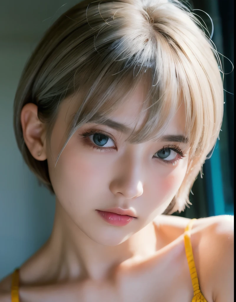 masterpiece, Highest quality, Very detailed, 8k, Realistic, One Girl, alone, Tomboy, Very detailed face, (head shot:1.5), Upper Body, silver pixie cut hair, She is wearing a short tank top and an open zippered hoodie., I can see her cleavage,Emphasise that you're not wearing a bra、Reaching into the pocket of a hoodie,Futuristic urban landscape