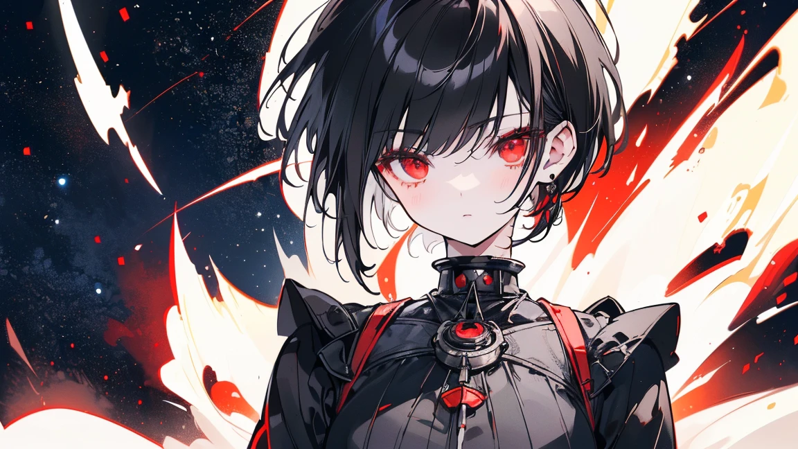 (High resolution,8k,close,Samudo Art Style,Black Short Hair,Red eyes,Detailed facial features,Starry galactic night sky) High detail, 8k，close, ，(((A woman with short black hair and Red eyes)))，((has a delicate face)) ，The background is a starry sky and the Milky Way.，