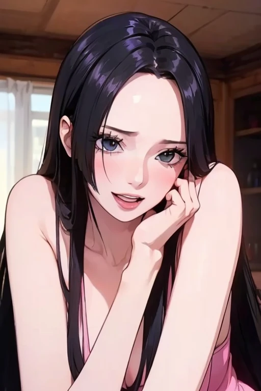 (((masterpiece))), (((best quality))), ((ultra-detailed)), (highly detailed CG illustration), Boa Hancock, , (masterpiece:1.5), Detailed Photo, Smiling, Sexy, (Best Quality: 1.4), (1girl), Beautiful Face, (Black Hair, long Hair: 1.3), Beautiful Hairstyle, beautiful detail eyes, (realistic skin), beautiful skin, absurd, attractive, ultra high resolution, high definition, (sexually aroused:1.5), Pinkish white skin, cool white light, sexy pose, Beautiful , white background, pink soft white light, Wear a white dress