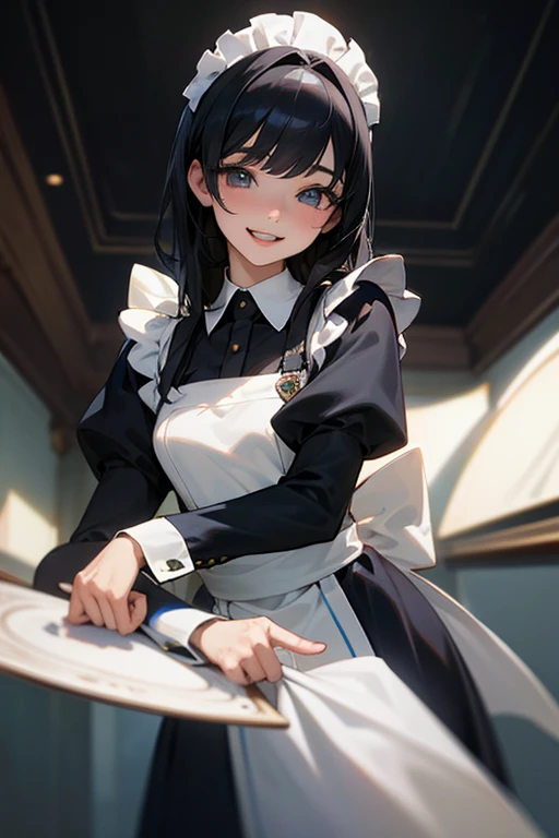 (Highest Resolution, clear_image) highest quality, Single person, One woman, alone, masterpiece, Very detailed, Semi-realistic, Black Hairのショートヘア, Black Hair, bangs, 18-year-old, mature, light blue uniform, uniform, Indoor Background, kind, Authoritative, Powerful, exquisite features, exquisite features、Eyelashes become longer、Showing teeth、smile😀、Maid clothes、woman&#39;Fingers in the、Sleeping on the sofa、Long Hair、Fluttering in the wind、Cleaning、Navy blue clothes、Long Hair、