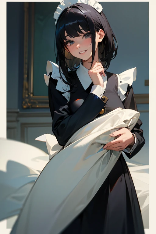 (Highest Resolution, clear_image) highest quality, Single person, One woman, alone, masterpiece, Very detailed, Semi-realistic, Black Hairのショートヘア, Black Hair, bangs, 18-year-old, mature, light blue uniform, uniform, Indoor Background, kind, Authoritative, Powerful, exquisite features, exquisite features、Eyelashes become longer、Showing teeth、smile😀、Maid clothes、woman'Fingers in the、Sleeping on the sofa、Long Hair、Fluttering in the wind、Cleaning、Navy blue clothes、Long Hair、