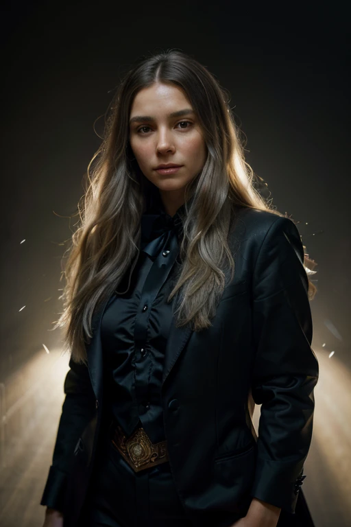 Hyperrealistic portrait of a woman by David Hockney and Alphonse Mucha,fantasy art, photo realistic, dynamic lighting, art station, poster, volumetric lighting, very detailed faces, 4 thousand., award-winning,, 1 Girl, in the dark, deep shadow, Low Key,cowboy shot,(formal wear:1.4) ,long hair,White hair,